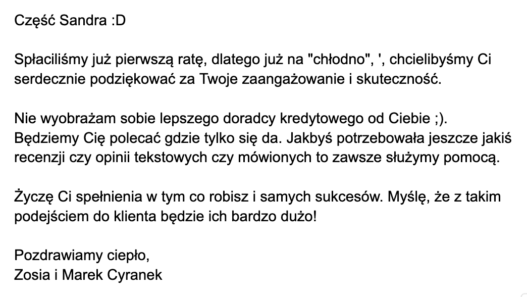 List z podziękowaniem dla Sandry za zaangażowanie i skuteczność w doradztwie kredytowym od Zosi i Marka Cyranek.