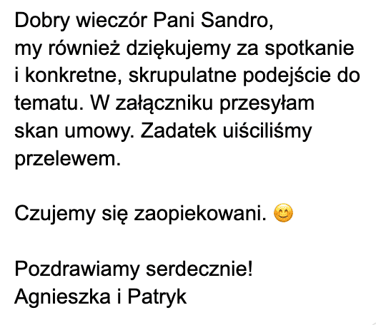 Tekst wiadomości po polsku dziękujący Pani Sandrze za spotkanie i przesyłający skan umowy wraz z informacją o wpłacie zadatku.
