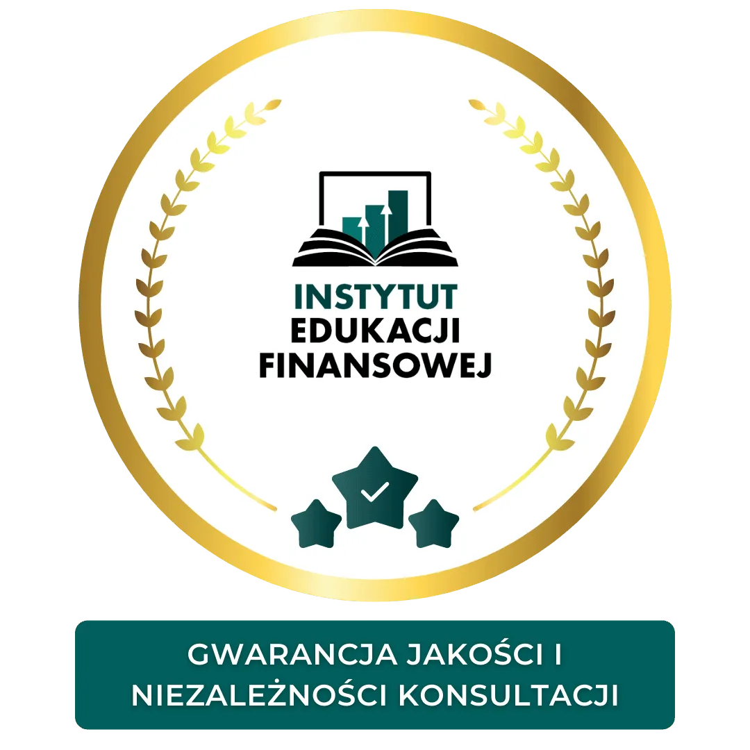 Logo Instytutu Edukacji Finansowej z symbolem wykresu w otwartej książce otoczonym złotym wieńcem laurowym oraz napis gwarancja jakości i niezależności konsultacji.