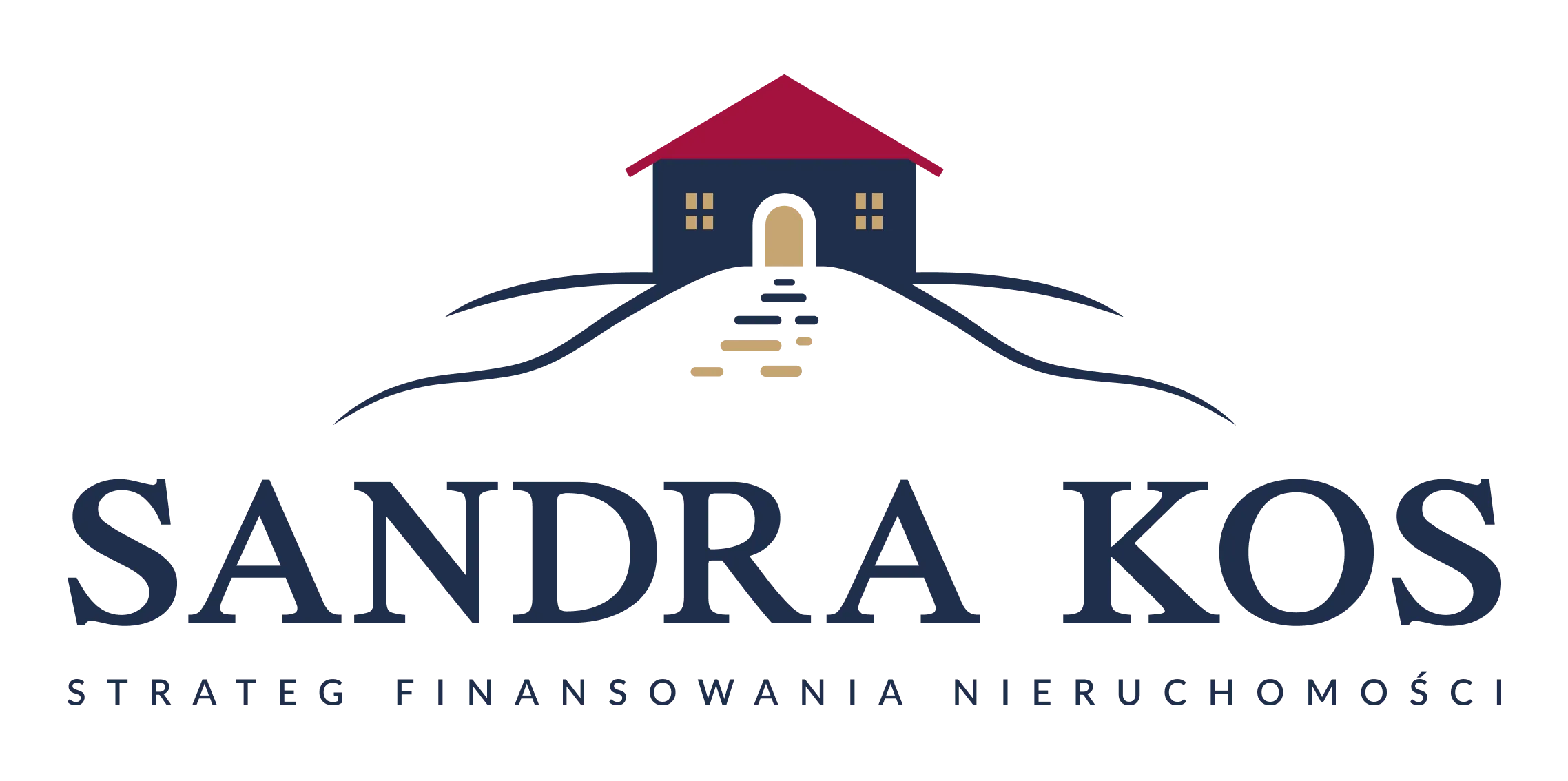 Logo reprezentujący dom na wzgórzu z nazwiskiem Sandra Kos i napisem strateg finansowania nieruchomości.