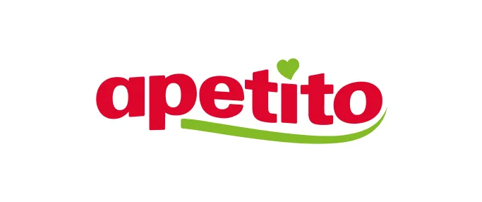 Apetito-Logo mit roter Schrift und grünem Schwung unter dem Text sowie grünem Herz über dem zweiten t