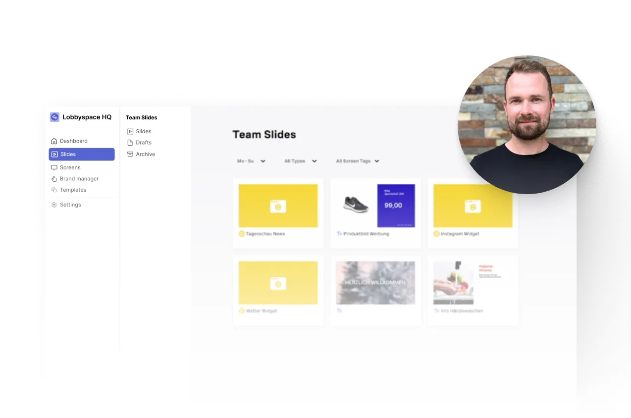 Benutzeroberfläche von Lobbyspace mit dem Bereich Team Slides und einer Galerie von sechs Folien, daneben ein rundes Porträt eines lächelnden Mannes vor einer Steinwand.