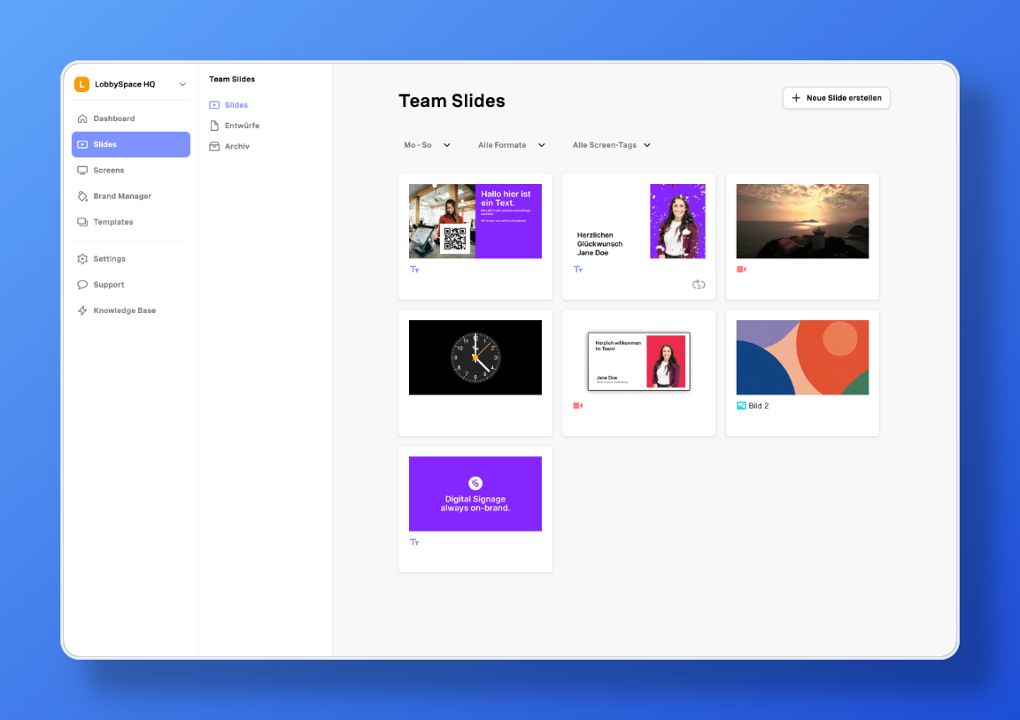 Dashboard der LobbySpace HQ Software zeigt Team Slides mit verschiedenen Folien, darunter Text, Bilder und Videos.