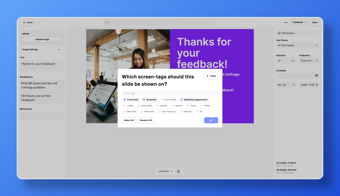 Benutzeroberfläche zur Erstellung einer Feedback-Folie mit Titel, Unterüberschrift und QR-Code-Eingabe sowie Auswahlfenster für Bildschirm-Tags.