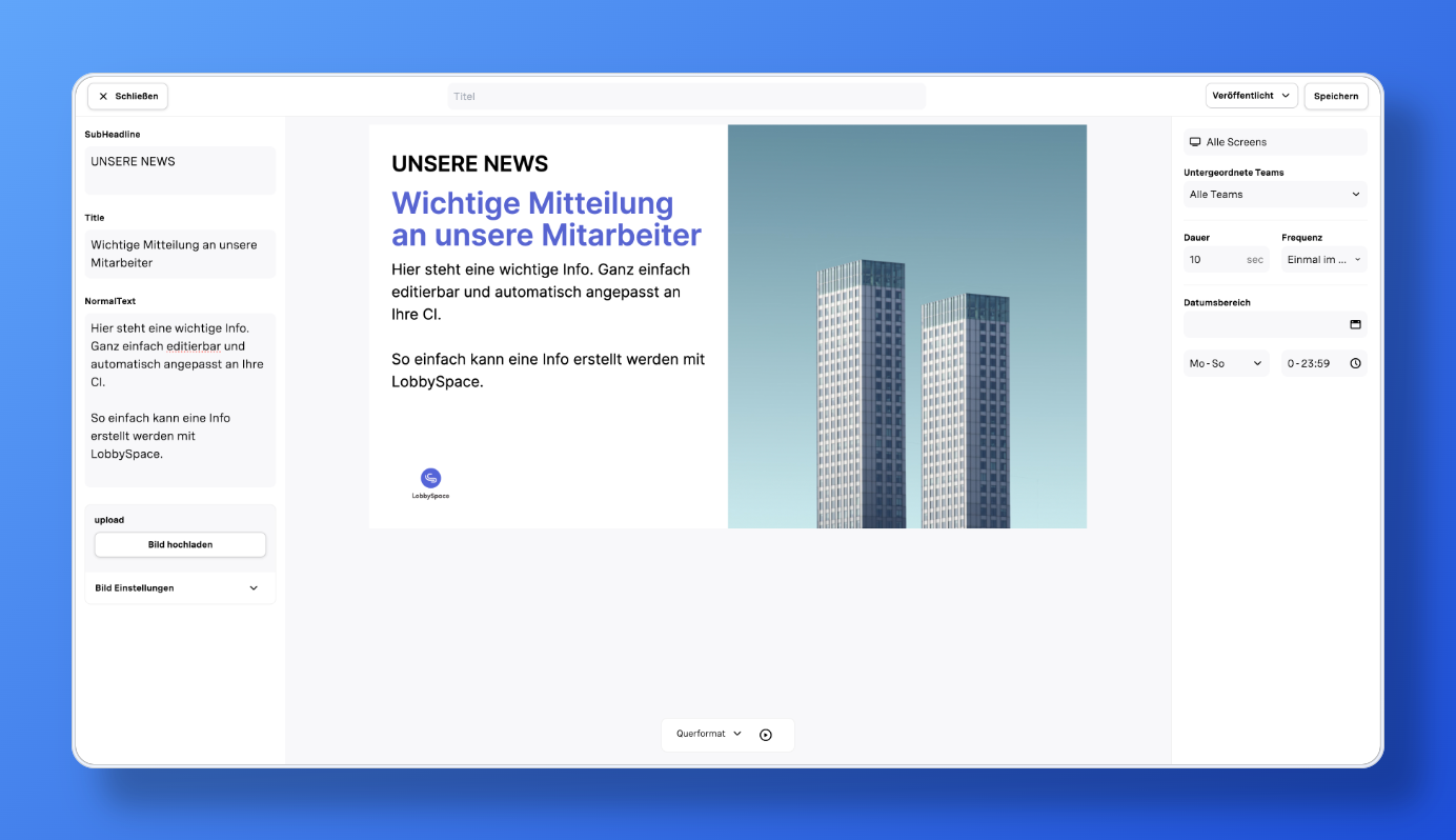 Benutzeroberfläche zur Erstellung einer News-Mitteilung mit Titel, Text und Bild von zwei Hochhäusern unter blauem Himmel.