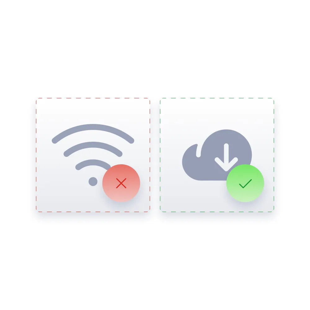 Links ein durchgestrichenes WLAN-Symbol mit rotem Kreis und X, rechts eine Wolke mit Download-Pfeil und grünem Häkchen.