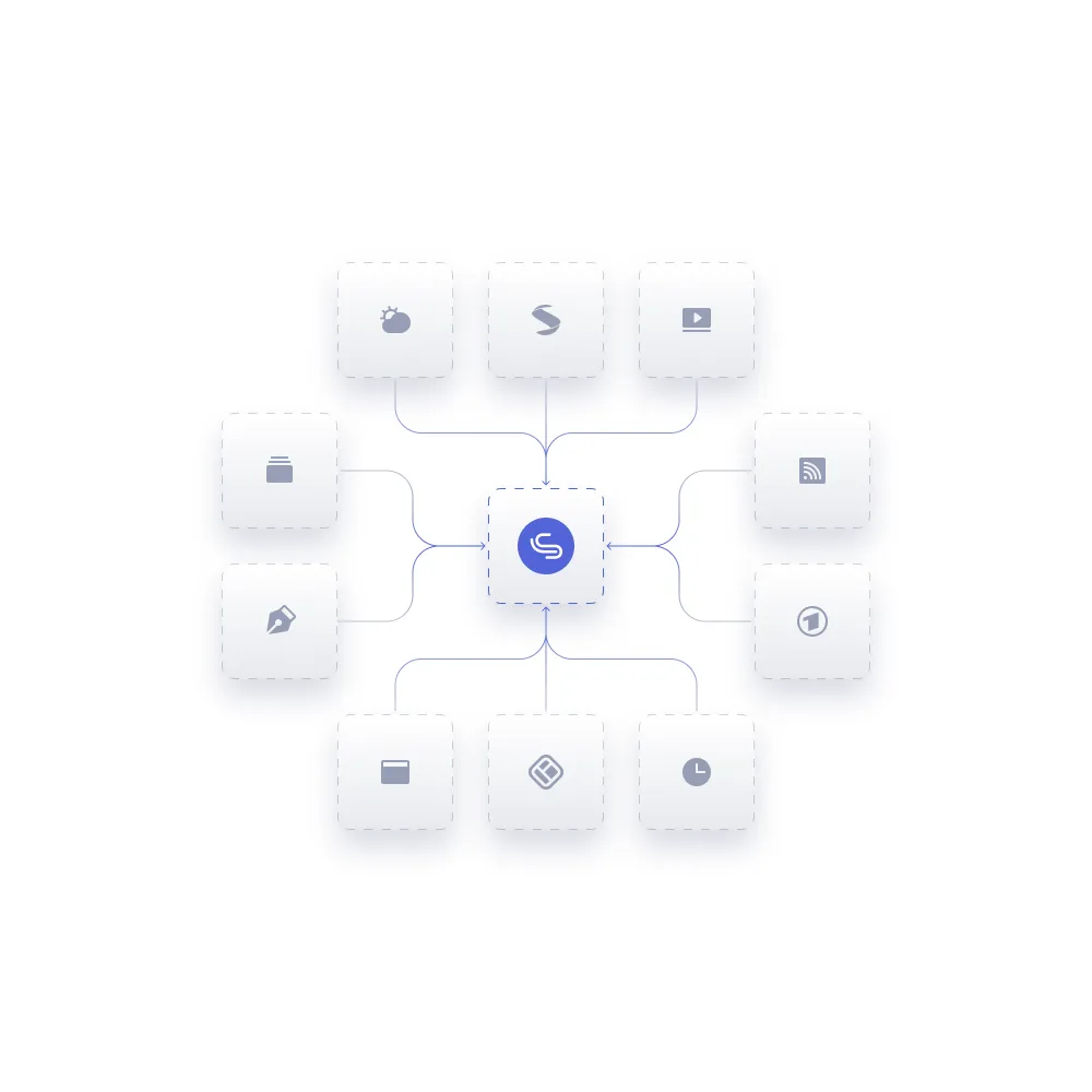 Zentrales Symbol mit zehn verbundenen Symbolen, die eine Netzwerk- oder Integrationsstruktur darstellen.