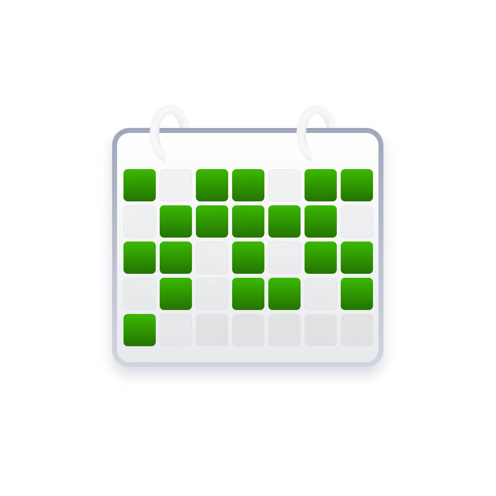 Kalender mit grünen und weißen Kästchen, die bestimmte Tage markieren.