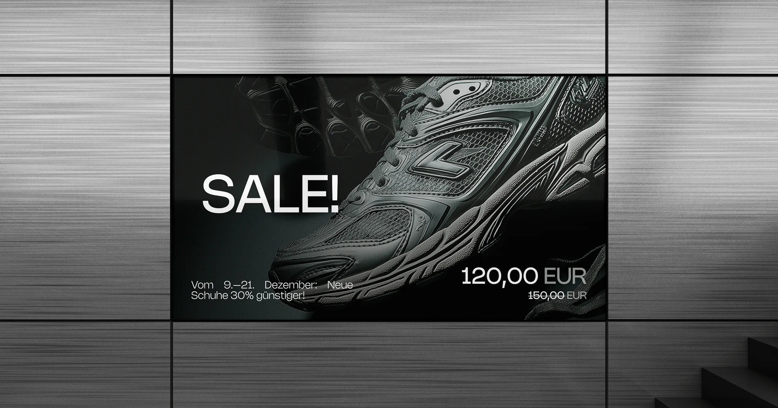 Digitale Signage-Software zeigt Sportschuh-Verkauf mit 30% Rabatt