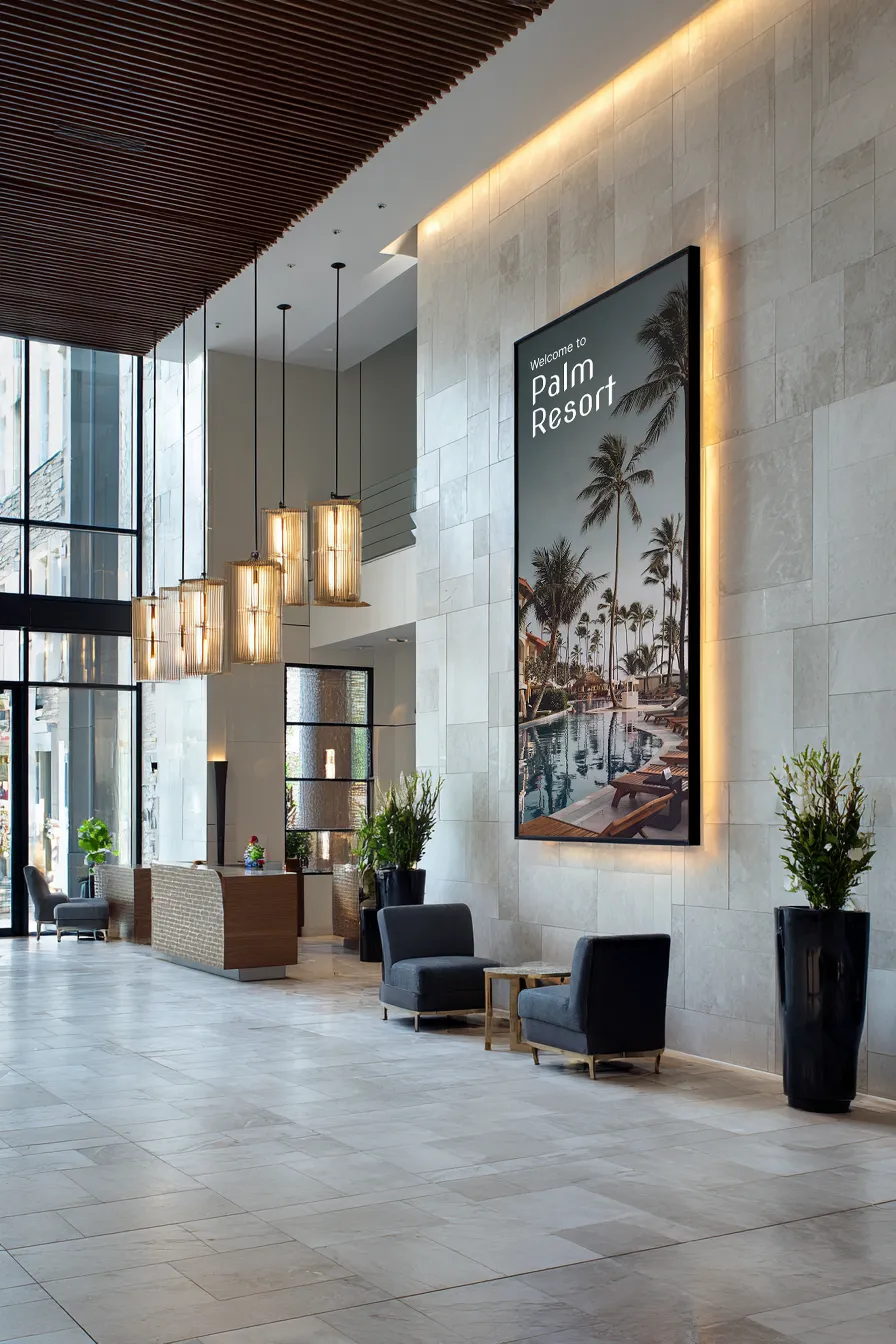 Digitale Beschilderung mit Palmen-Resort-Software in moderner Hotellobby