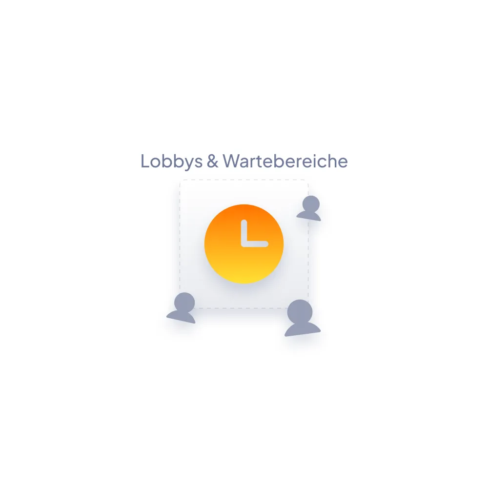 Symbol einer orangefarbenen Uhr umgeben von drei stilisierten Personen, darüber der Text Lobbys & Wartebereiche.
