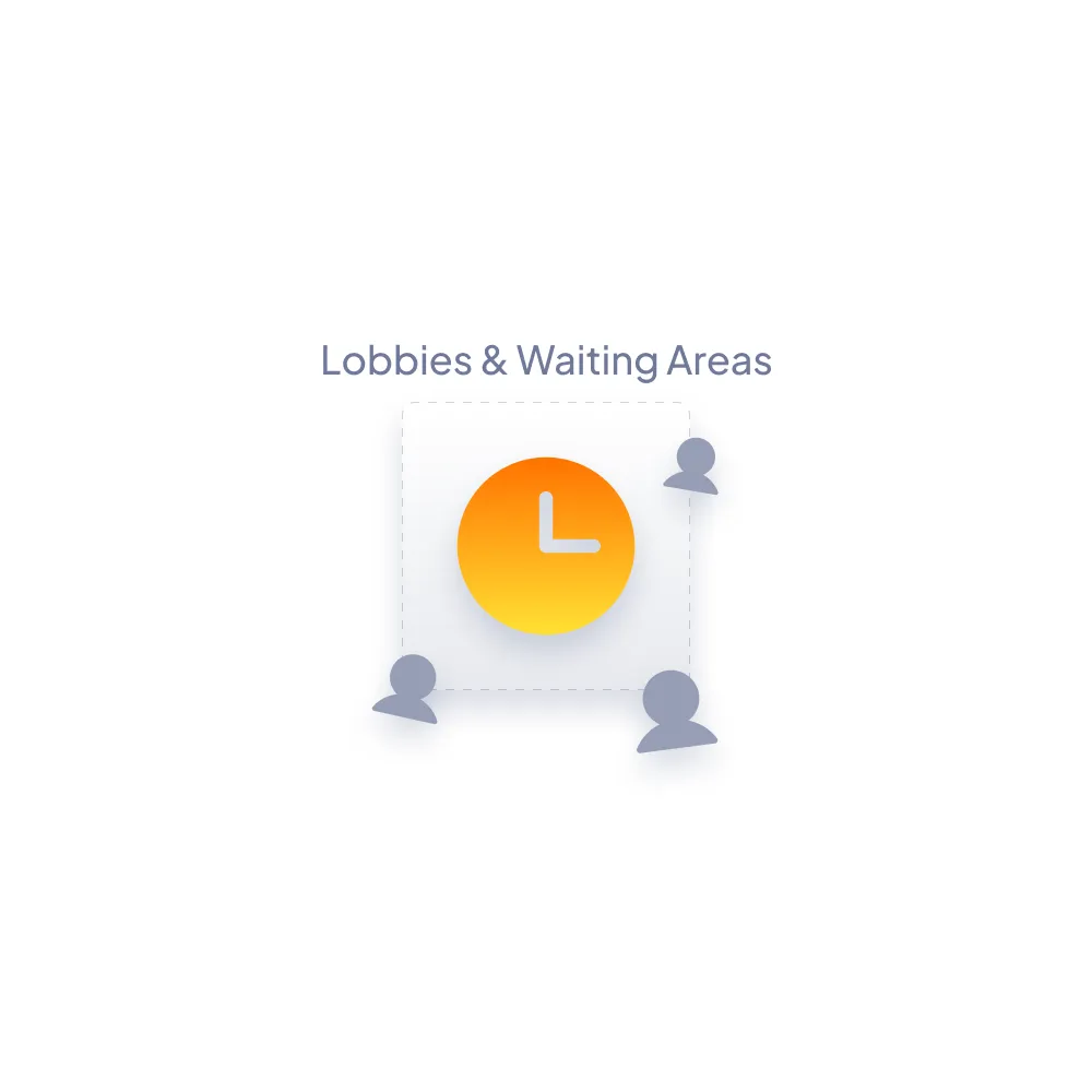 Orange Uhr-Symbol in einem Quadrat mit drei stilisierten grauen Personen, Lobbies und Wartebereiche darstellend.