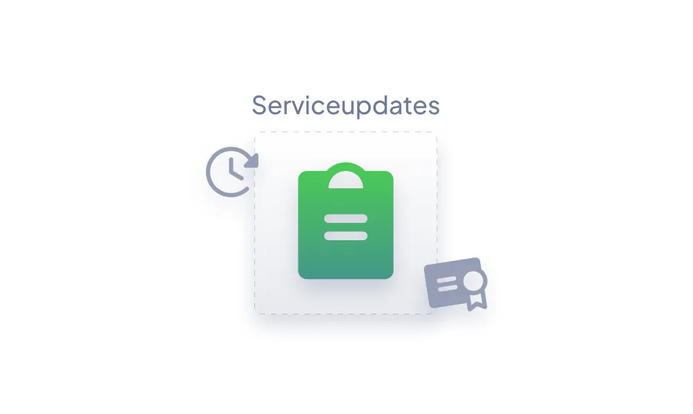 Grünes Symbol einer Einkaufstasche mit Uhren- und Zertifikats-Icons daneben unter dem Text Serviceupdates.