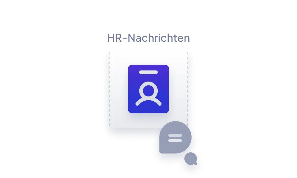 Symbol eines Personalausweises mit einer Sprechblase und dem Text HR-Nachrichten darüber.