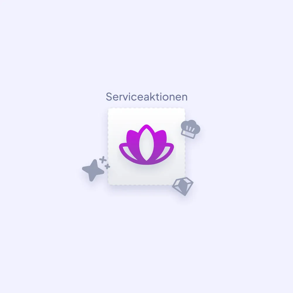 Lila Blumenlogo mit Serviceaktionen-Beschriftung und grauen Elementen