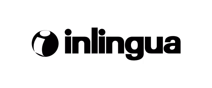 Inlingua Logo in schwarz-weißem Design mit grafischem Sprachsymbol