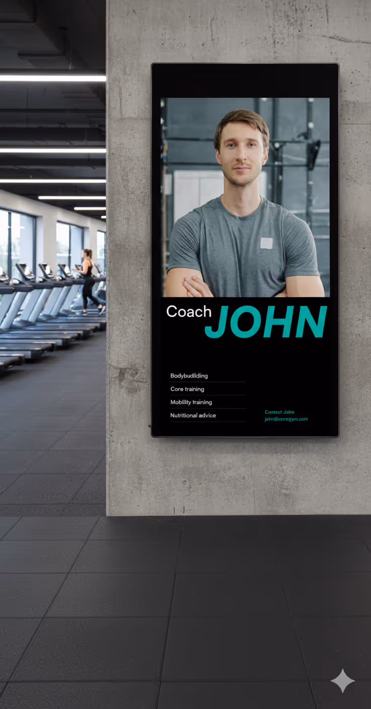 Fitnesscoach im Fitnessstudio-Poster mit Trainingsangeboten