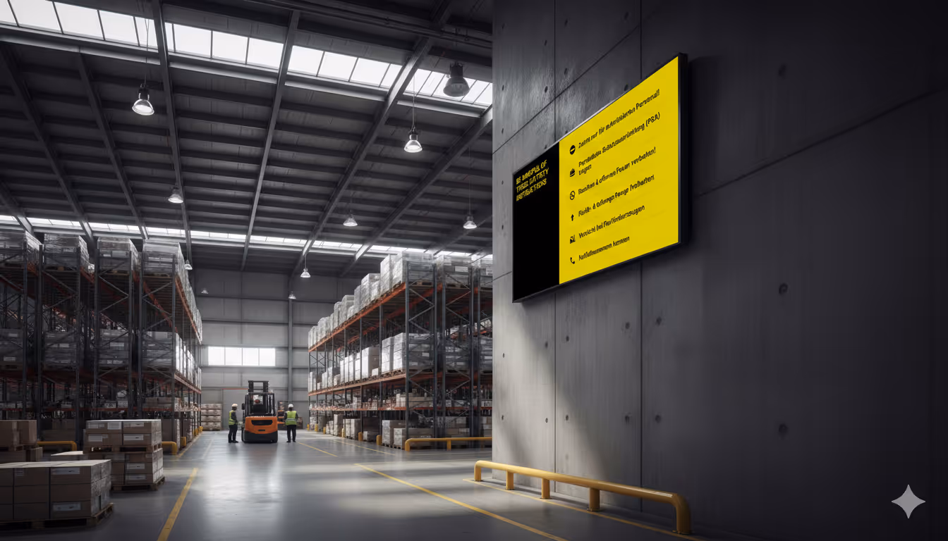 Großes Logistiklager mit Hochregalen, Gabelstapler und gelbem Informationsschild