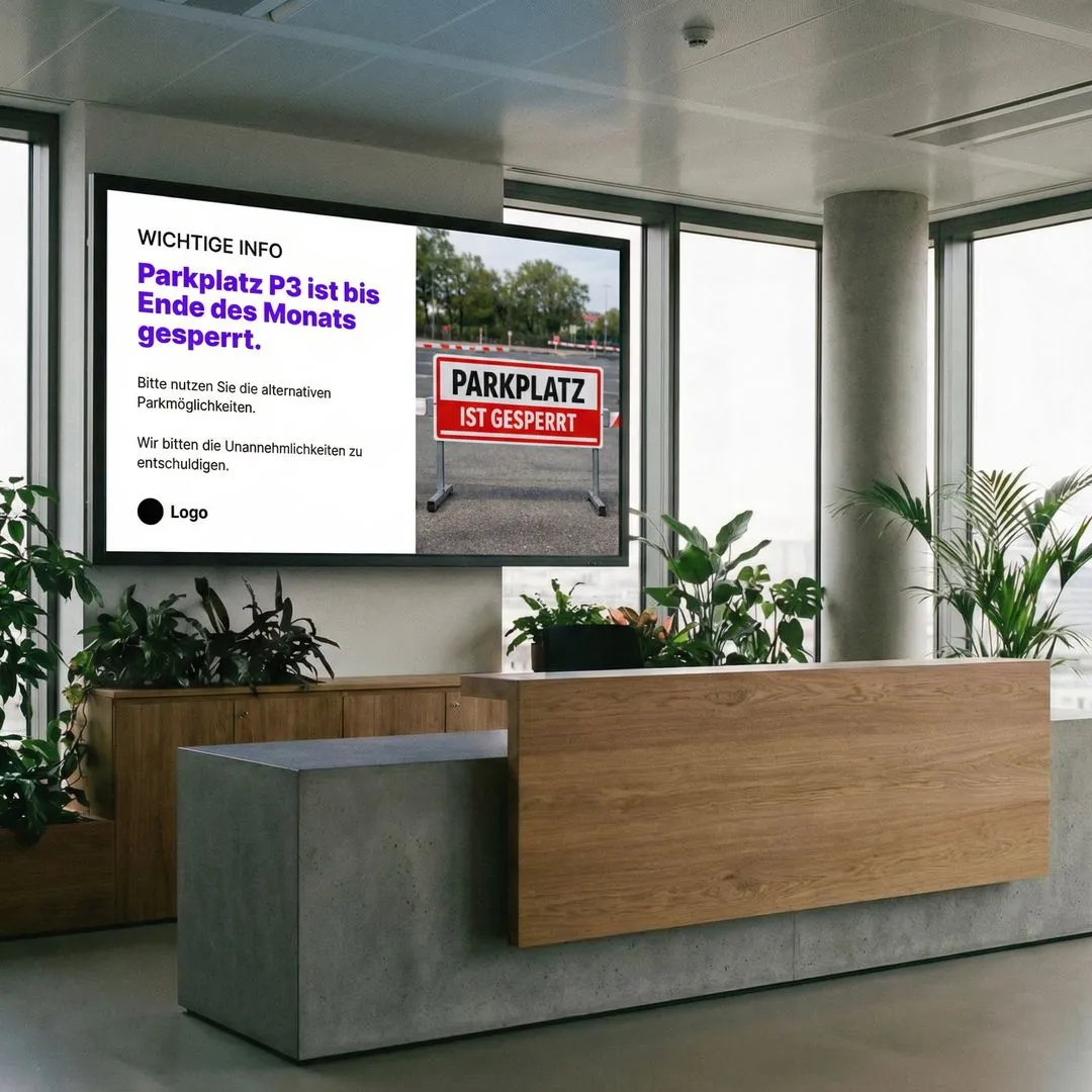 LobbySpace Infoscreen mit Sicherheits-Hinweis in der Produktion