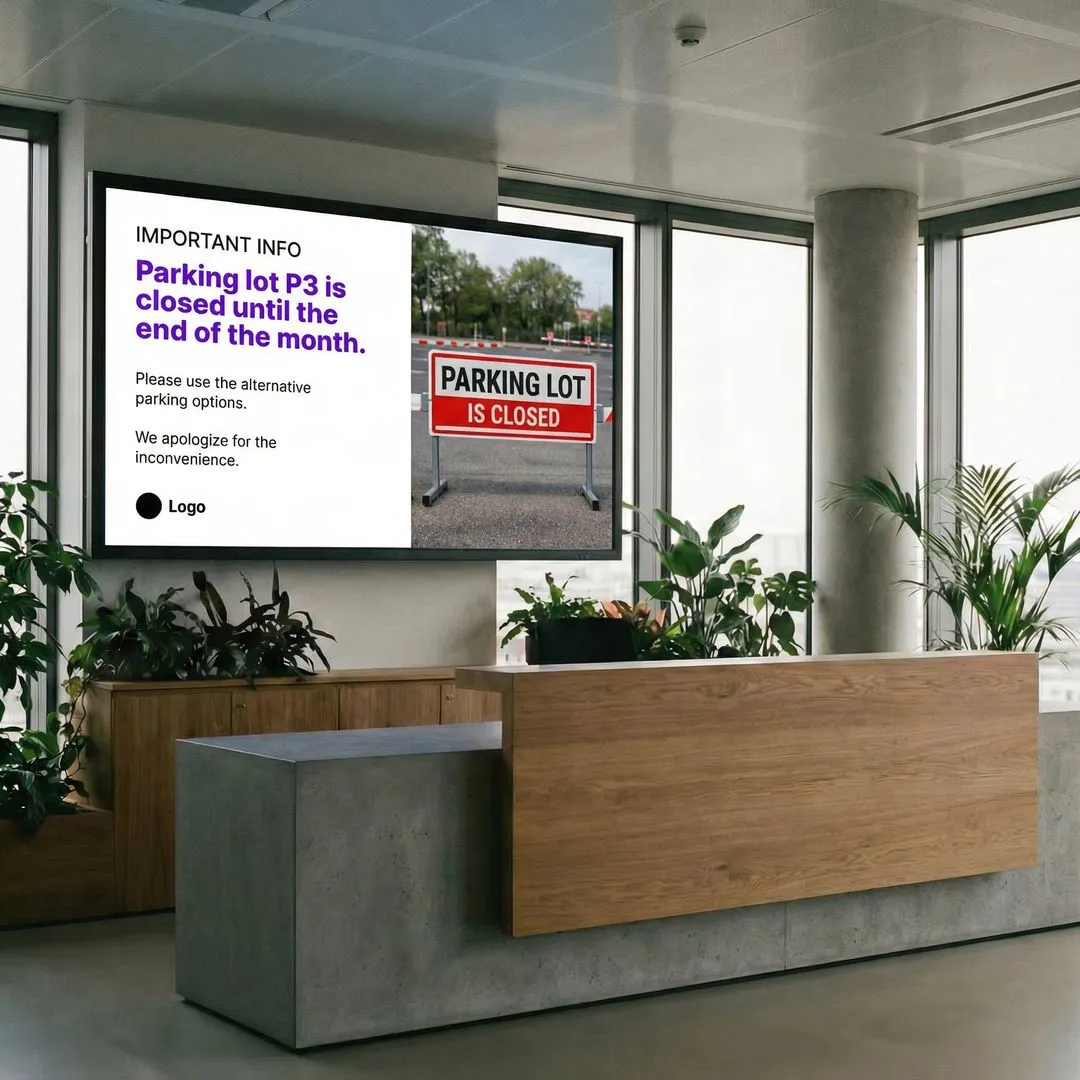 LobbySpace infoscreen showing a safety notice in production