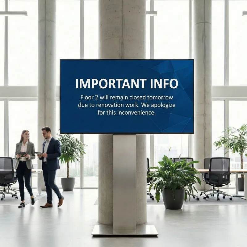 Digital Signage Software f&uuml;r die interne Kommunikation: wichtige Mitarbeiter-Information auf einem Bildschirm.
