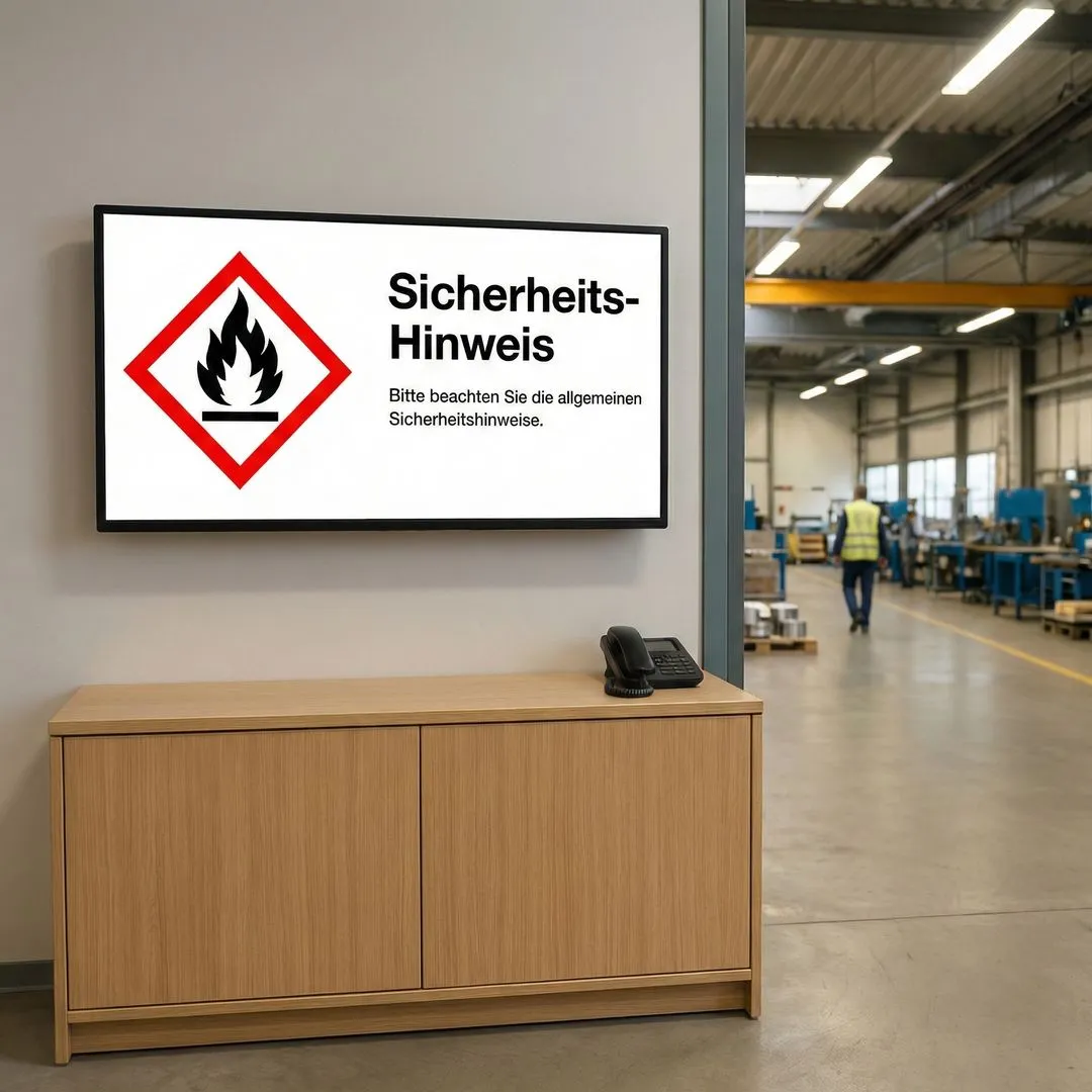 Digitales Schild in einer Fabrik mit dem Flammensymbol und dem Text 'Sicherheits-Hinweis. Bitte beachten Sie die allgemeinen Sicherheitshinweise.'