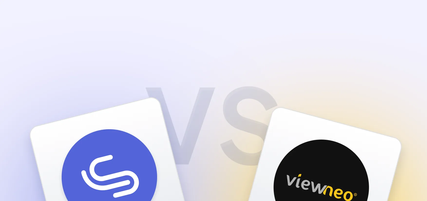 Hero-Vergleichsbild mit dem LobbySpace-Logo auf einer weißen Karte (links) und dem Viewneo-Logo (lila Kreis mit Cloud- und Bildschirm-Icon) auf einer weißen Karte (rechts), mit einem großen „VS" auf einem lila Farbverlauf