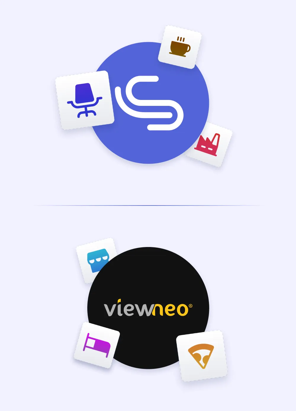 Zwei kreisförmige Markenlogos mit schwebenden Branchen-Icons — LobbySpace (blau) mit Bürostuhl, Kaffeetasse und Fabrik-Icons; Viewneo (lila) mit Ladenfront, Bett und Pizza-Icon