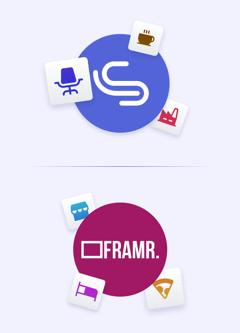 Zwei kreisförmige Markenlogos mit schwebenden Branchen-Icons — LobbySpace (blau) mit Bürostuhl, Kaffeetasse und Fabrik-Icons; FRAMR (magenta) mit Ladenfront, Bett und Pizza-Icons