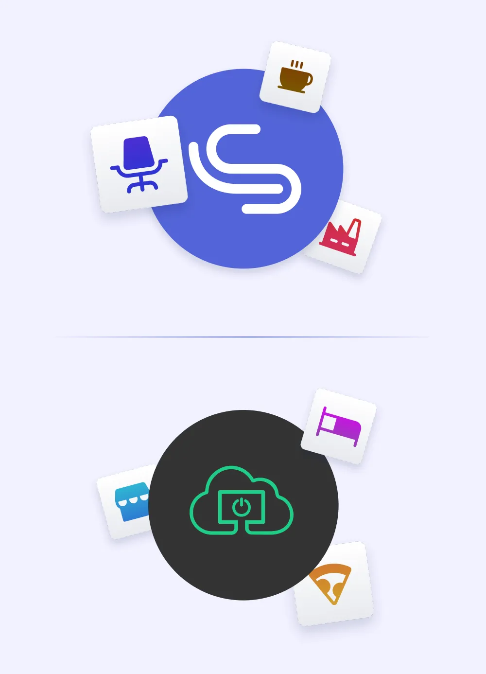 Zwei kreisförmige Markenlogos mit schwebenden Branchen-Icons — LobbySpace (blau) mit Bürostuhl, Kaffeetasse und Fabrik-Icons; Optisigns (dunkel) mit Ladenfront, Bett und Pizza-Icons