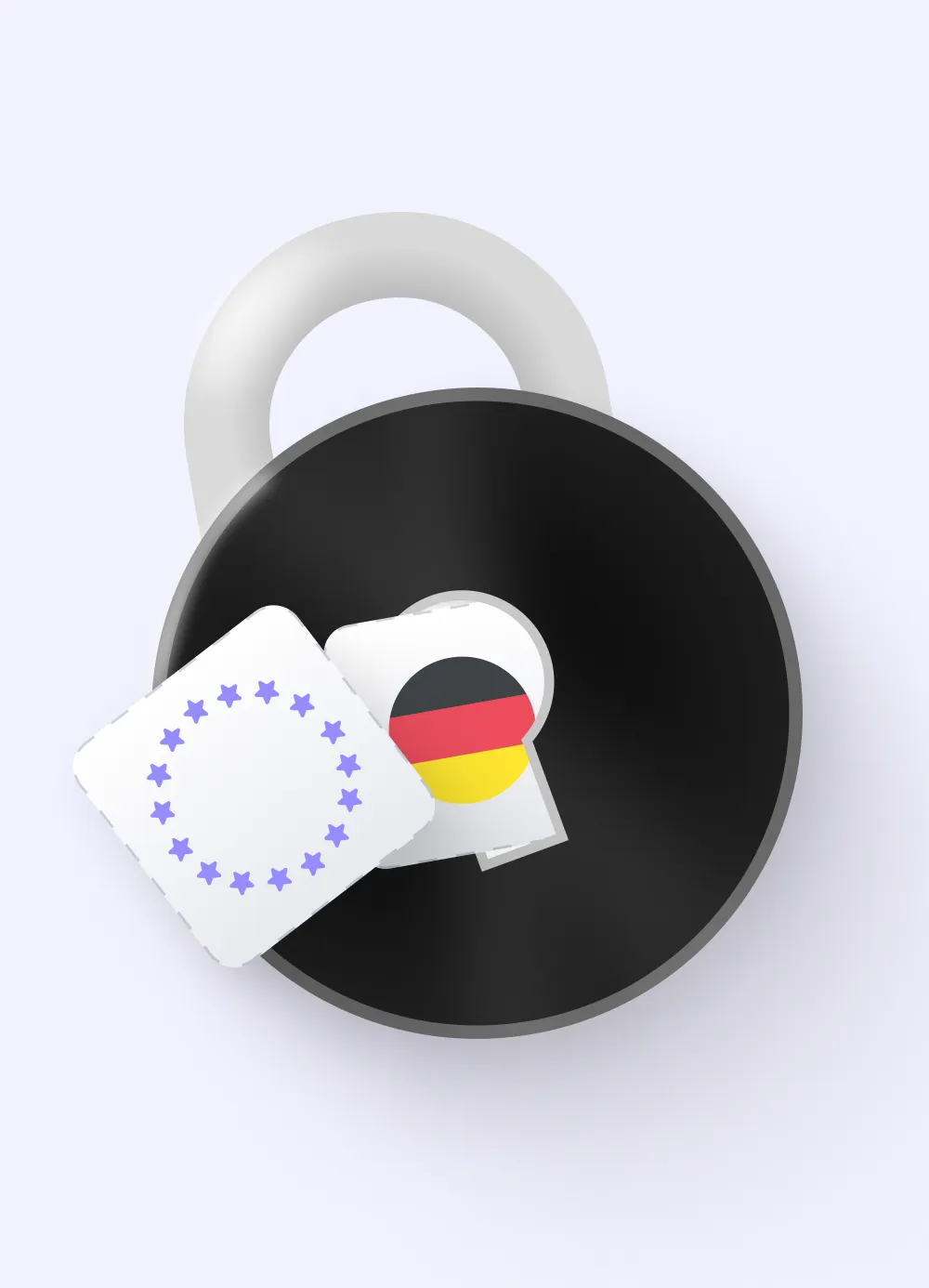 Ein 3D-Vorhängeschloss mit EU-Sternkreis und deutschem Flaggen-Icon, das DSGVO- und deutsche Datenschutzkonformität symbolisiert
