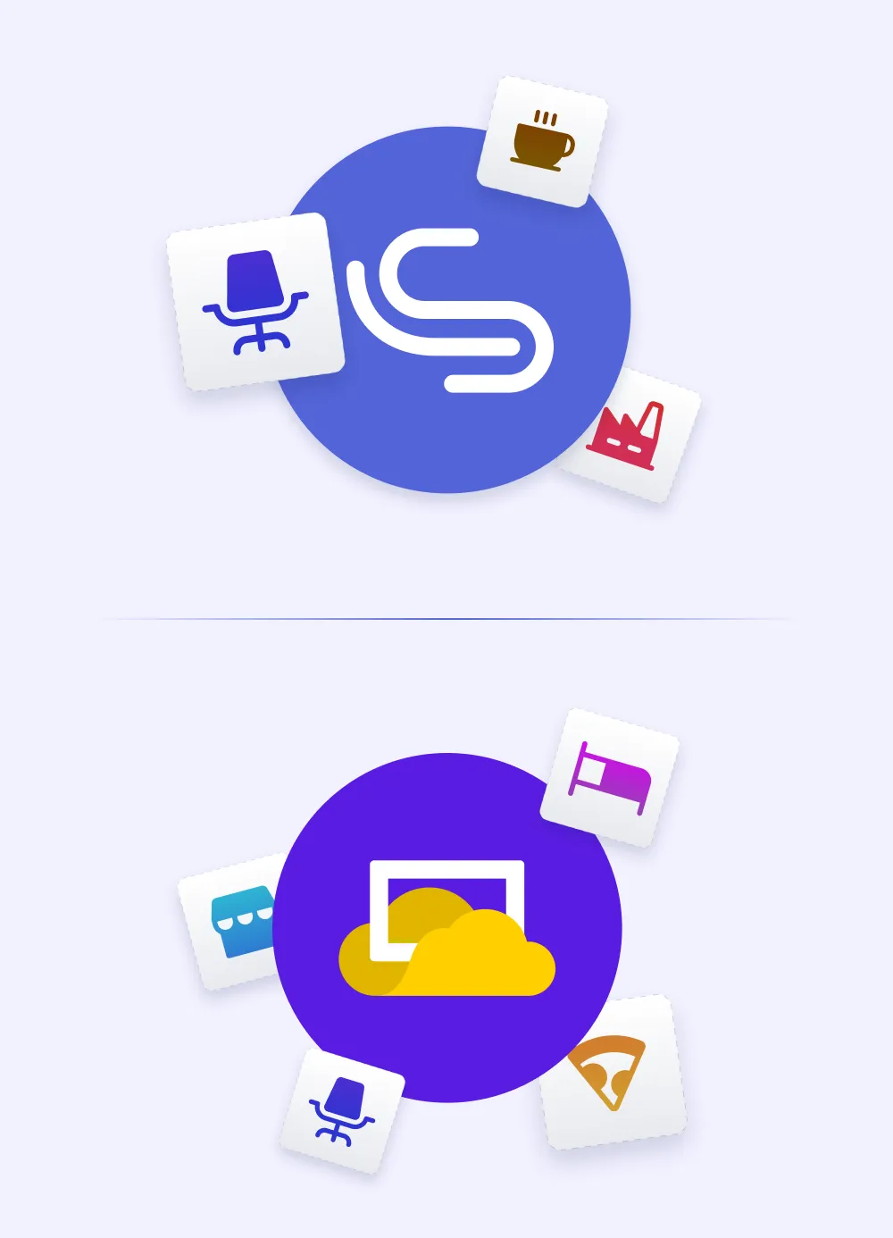 Zwei kreisförmige Markenlogos mit schwebenden Branchen-Icons — LobbySpace (blau) mit Bürostuhl, Kaffeetasse und Fabrik-Icons; Viewneo (schwarz) mit Ladenfront, Bett und Pizza-Icons