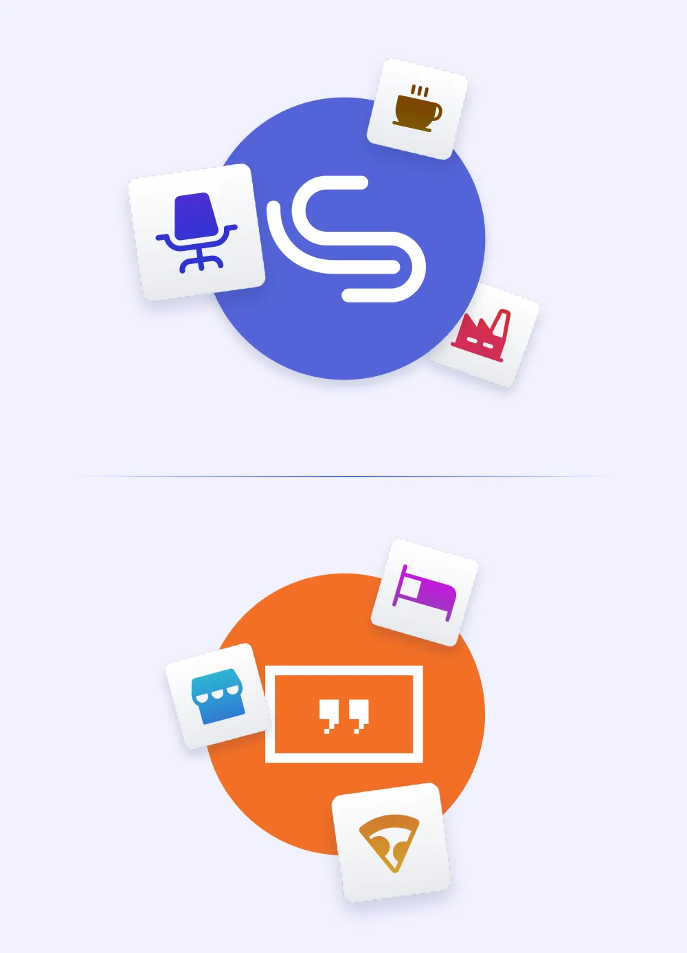 Zwei kreisförmige Markenlogos mit schwebenden Branchen-Icons — LobbySpace (blau) mit Bürostuhl, Kaffeetasse und Fabrik-Icons; Yodeck (orange) mit Ladenfront, Bett und Pizza-Icons