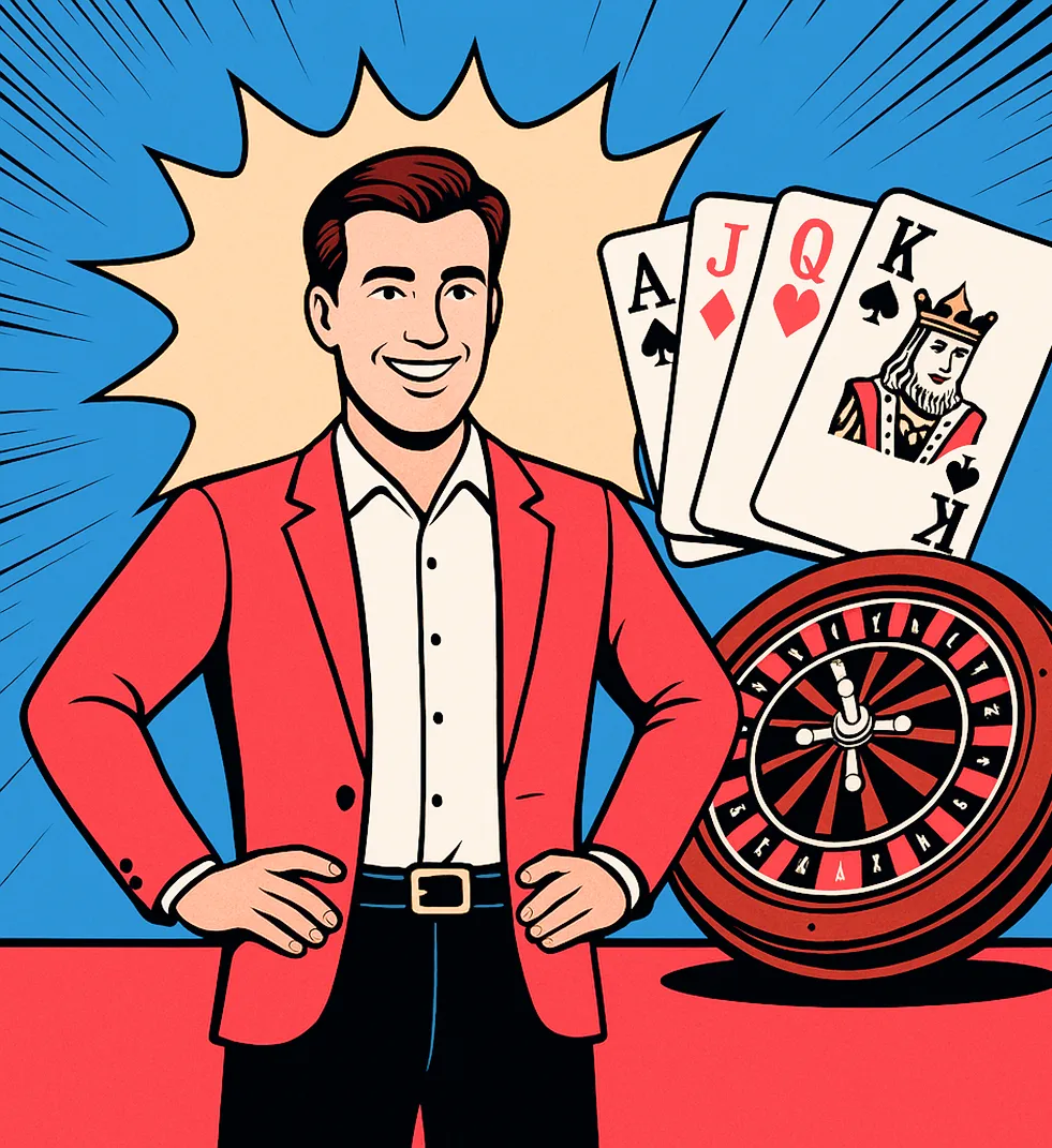 A man with cards and roulette board behind him in pop art style.