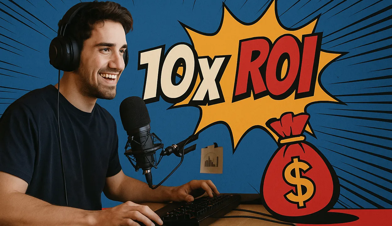 "10x ROI" in pop art style with a man on a laptop.