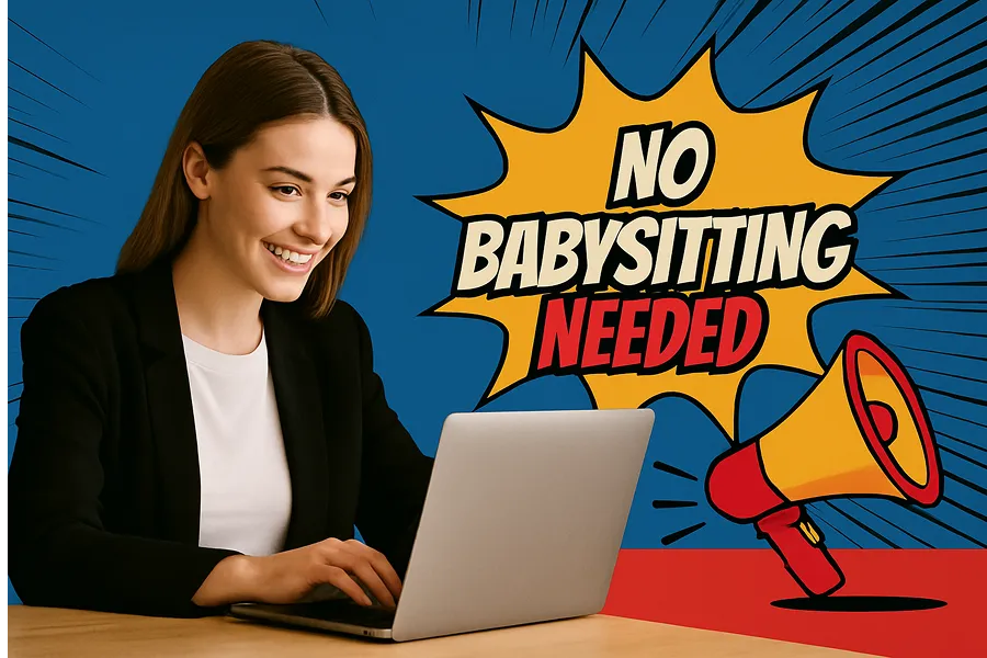 "No Babysitting Needed" in pop art style with a woman on a laptop.