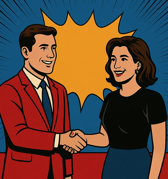 A man and woman shaking hands in pop art style.
