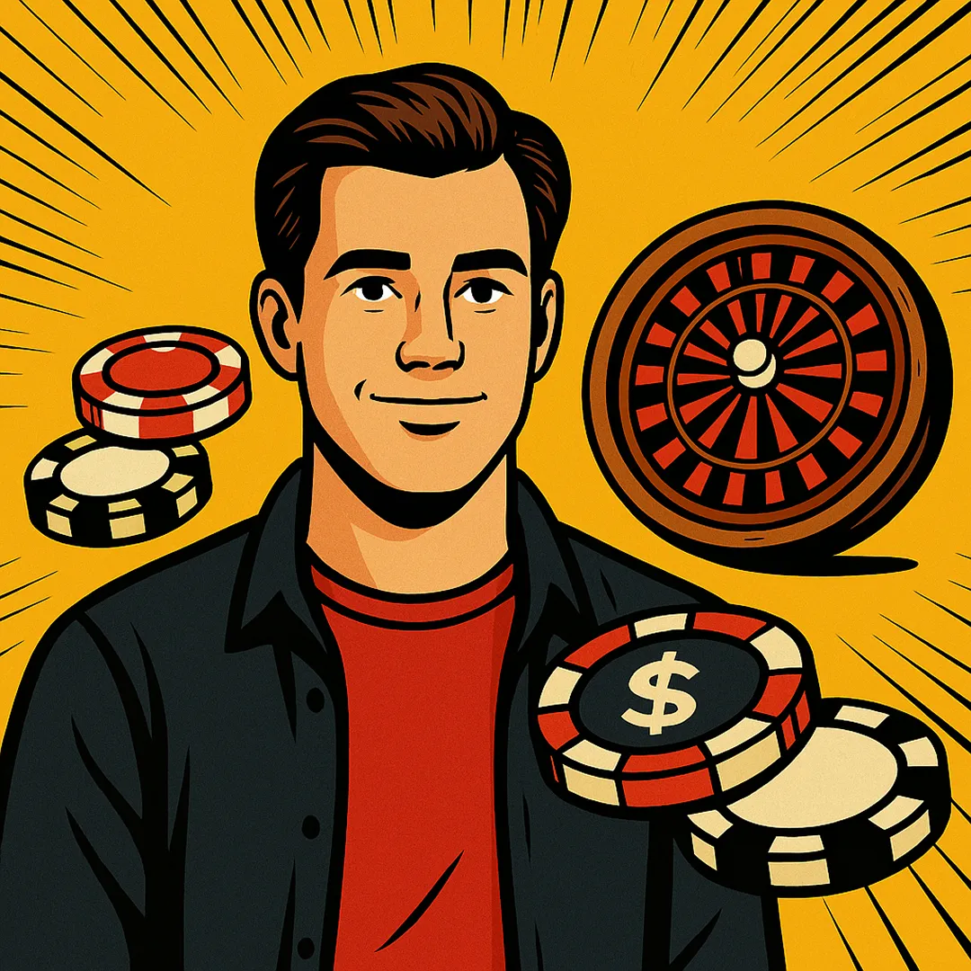 Pop art style man with casino chips around him.