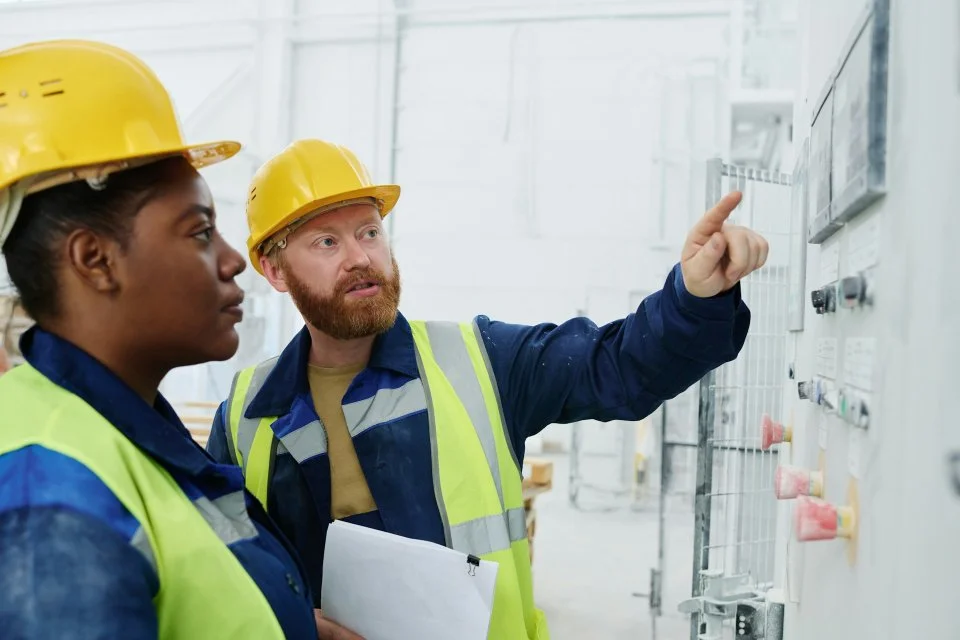 Zwei Ingenieure mit Schutzhelmen besprechen ein Bauprojekt