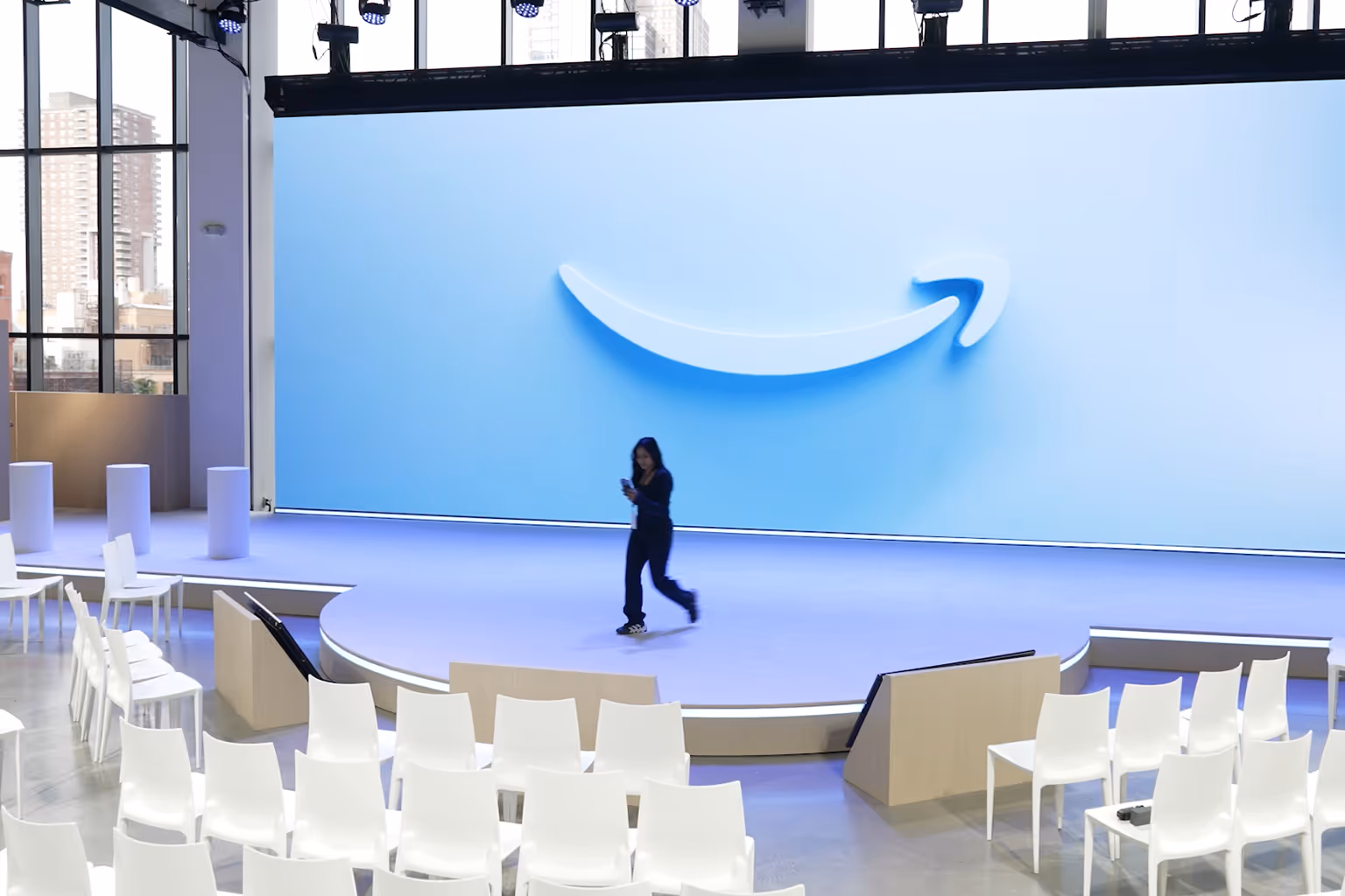 An empty stage at the Amazon Alexa+ event in New York City