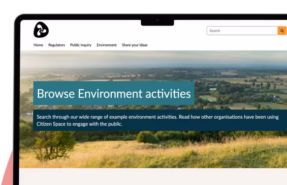 Website header with menu options and a search bar above a scenic landscape background, featuring text inviting users to browse environment activities.