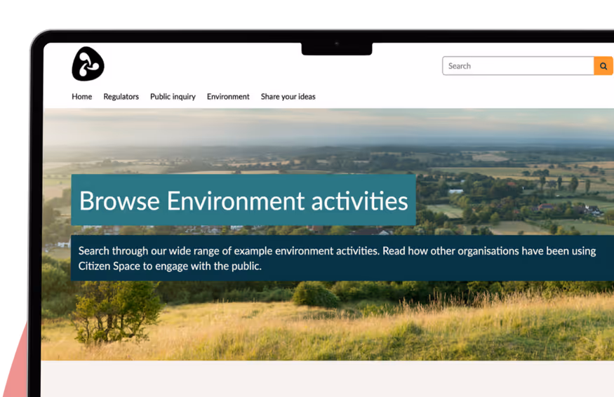 Website header showing a navigation bar with options Home, Regulators, Public inquiry, Environment, Share your ideas, and a search bar, overlaying a landscape of fields and trees with the text 'Browse Environment activities' and a description about exploring environmental activities.