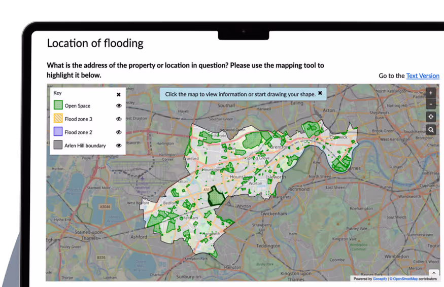 Interactive map showing flood zones and open spaces within the Arlen Hill boundary with a legend indicating Open Space, Flood zone 3, Flood zone 2, and boundary outline.