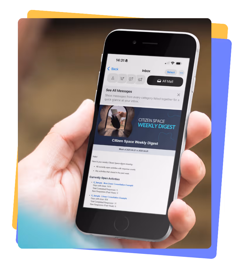 Phone screen displaying 'Citizen Space Weekly Digest'