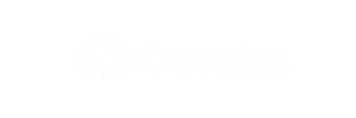 White Camden logo with a stylized square emblem on a black background.