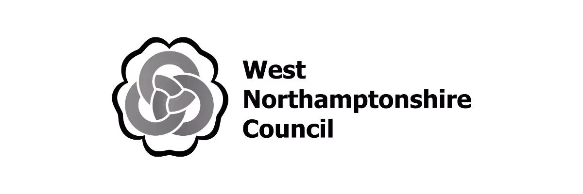 West Northamptonshire Council logo with a stylized black flower emblem.
