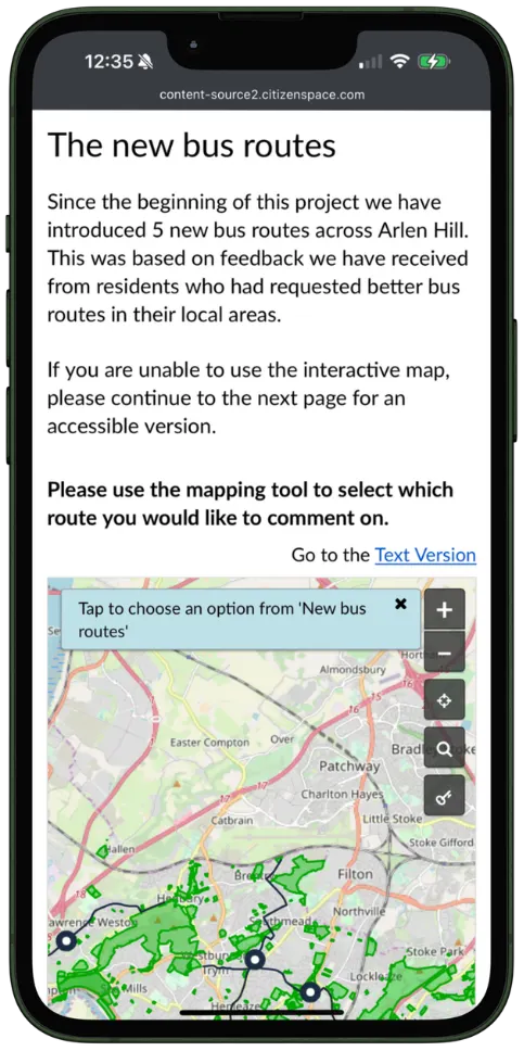 Mobile phone screen showing a webpage about new bus routes in Arlen Hill with instructions and an interactive map to select routes for comments.
