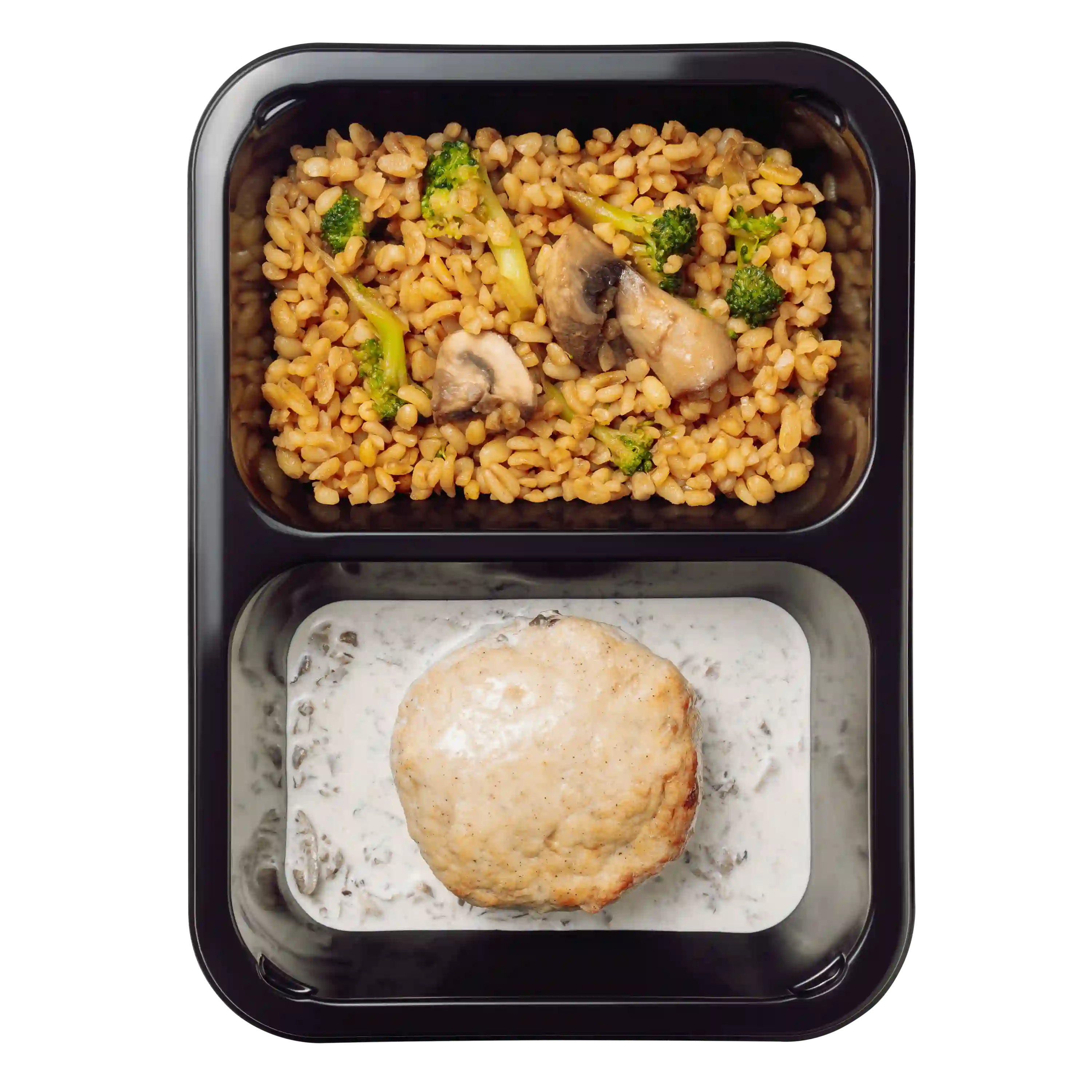 Куриная котлета с грибным соусом, булгуром и брокколи