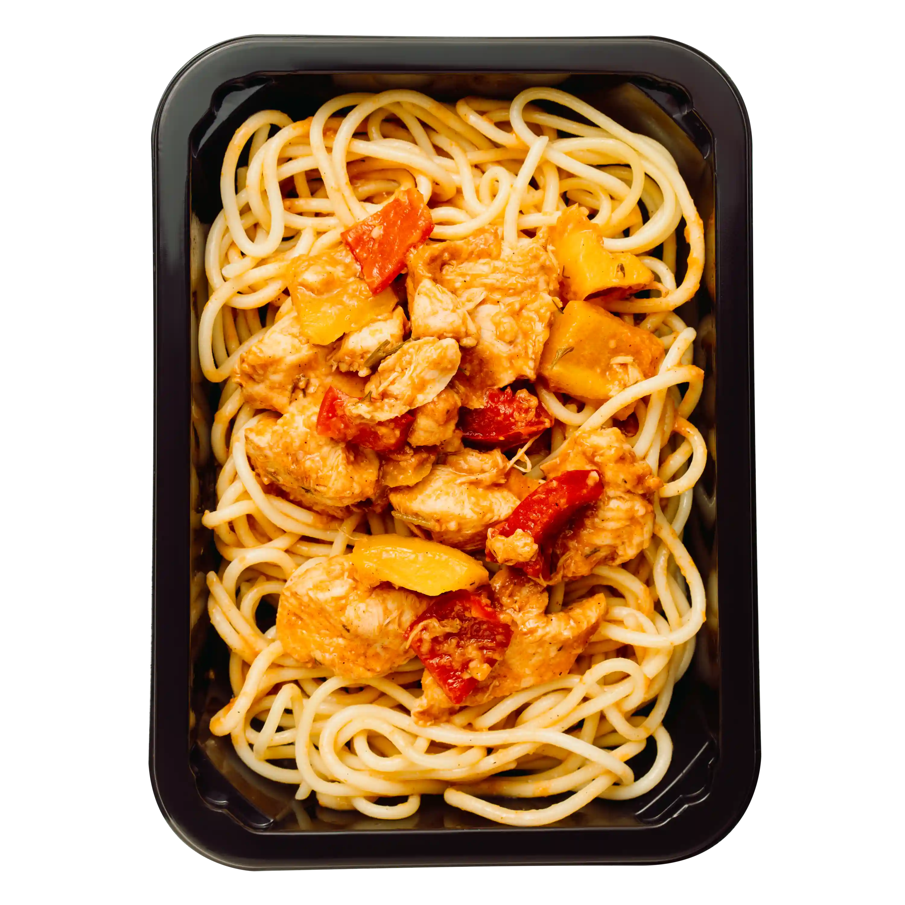 Куриное филе с яичной лапшой в томатном соусе