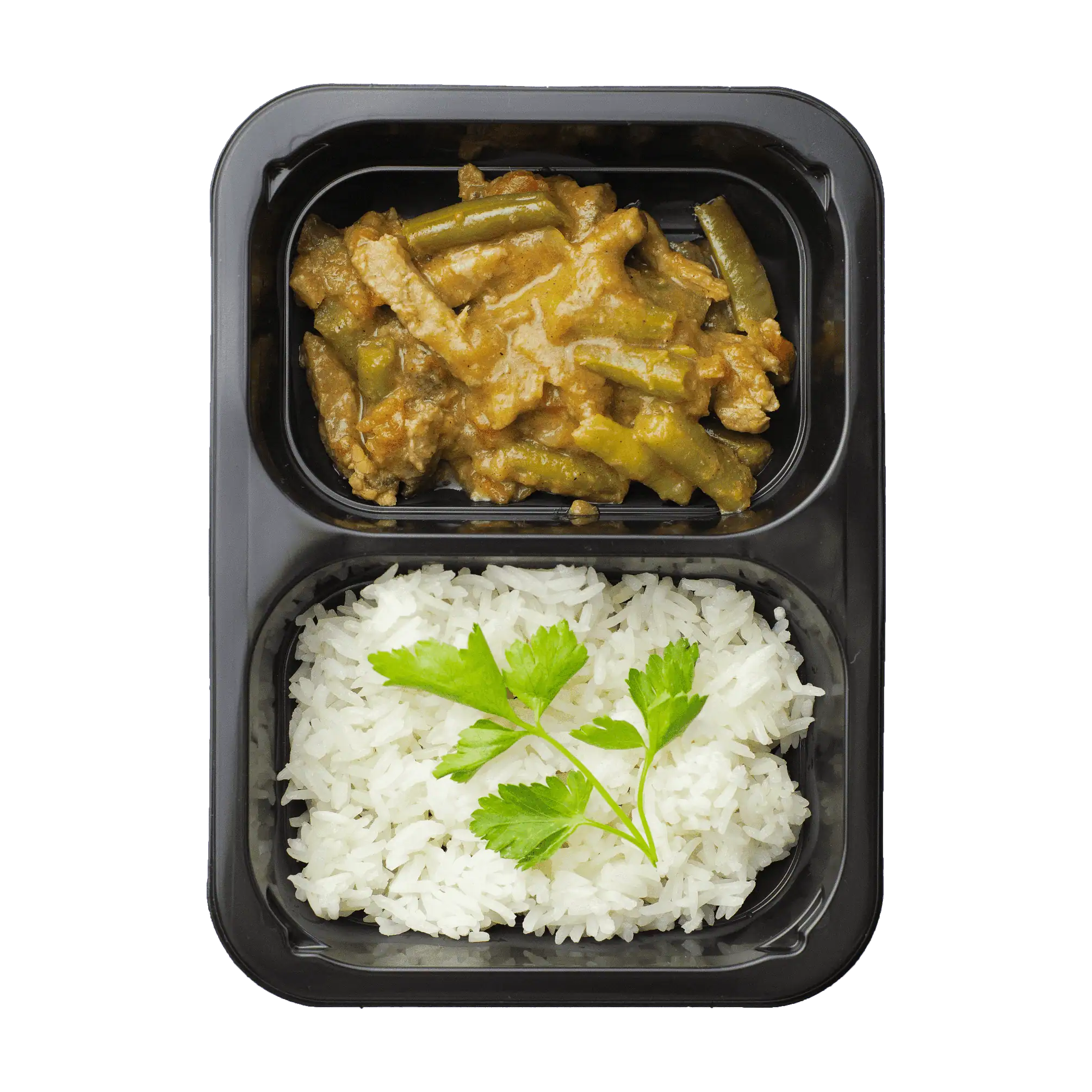 Говядина со стручковой фасолью и рисом в пряном соусе